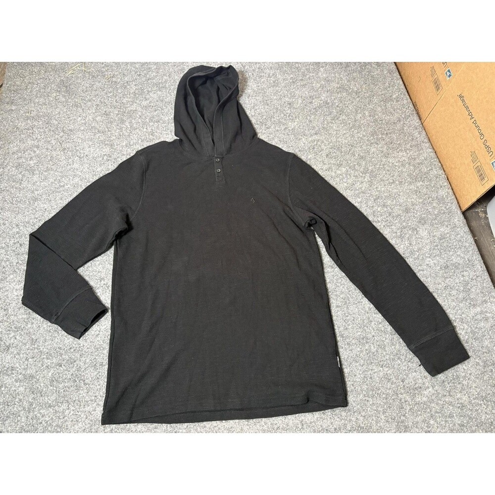Volcom Hoodie Mens L Black Thermal Knit Henley Hooded Pullover Casual